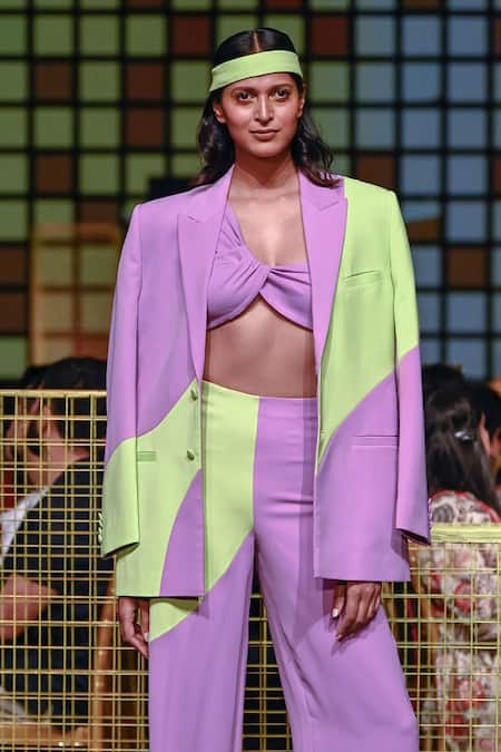 Shop_Nirmooha_Purple Microfiber One Shoulder Colour Block Flared Pant With Bralette _Online_at_Aza_Fashions