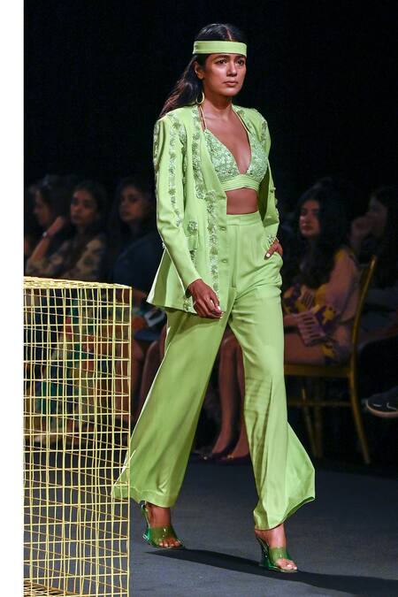 Nirmooha Green Microfiber Sequins, Beads Tonal Embellished Bralette With Flared Pant Online at Aza Fashions Nirmooha_Green Microfiber Sequins, Beads Tonal Embellished Bralette With Flared Pant _Online_at_Aza_Fashions