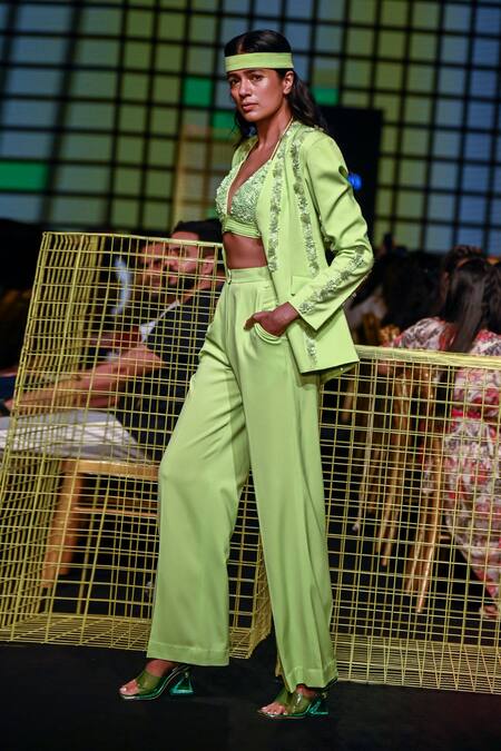 Buy Nirmooha Green Microfiber Sequins, Beads Tonal Embellished Bralette With Flared Pant Online at Aza Fashions Buy_Nirmooha_Green Microfiber Sequins, Beads Tonal Embellished Bralette With Flared Pant _Online_at_Aza_Fashions