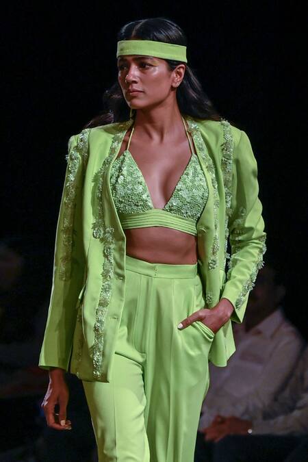 Shop Nirmooha Green Microfiber Sequins, Beads Tonal Embellished Bralette With Flared Pant Online at Aza Fashions Shop_Nirmooha_Green Microfiber Sequins, Beads Tonal Embellished Bralette With Flared Pant _Online_at_Aza_Fashions