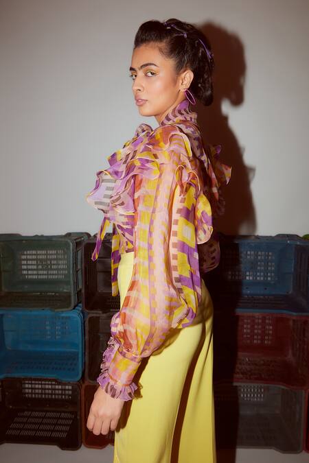 Nirmooha Yellow Organza, Microfiber Turtle Neck Geometric Print Ruffle Shirt With Pant Online at Aza Fashions Nirmooha_Yellow Organza, Microfiber Turtle Neck Geometric Print Ruffle Shirt With Pant _Online_at_Aza_Fashions
