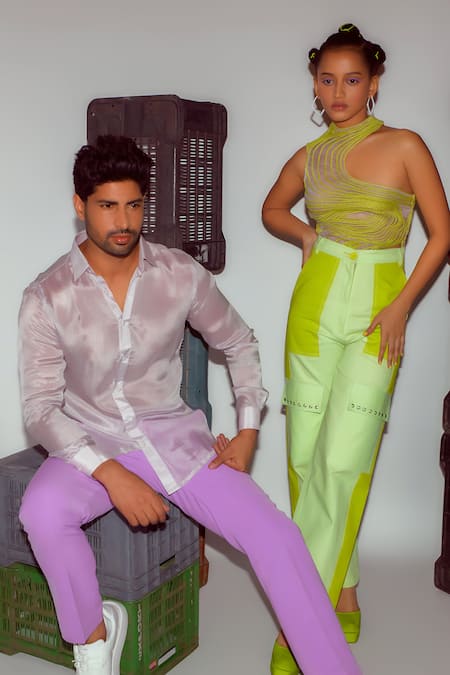 Shop_Nirmooha_Green Asymmetric Cording Embellished Monokini With Cargo Pant _Online_at_Aza_Fashions