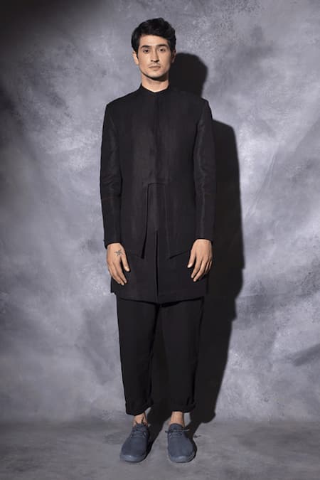 studio error Black Linen Blend Hand Embroidered Thread Layered Bandhgala 