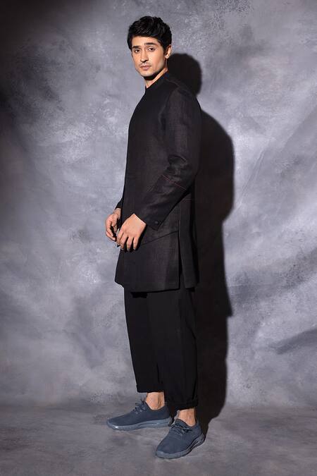 Studio Error_Black Linen Embroidery Hand Layered Bandhgala _Online_at_Aza_Fashions