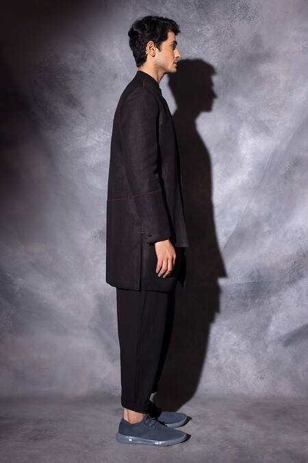 Buy_Studio Error_Black Linen Embroidery Hand Layered Bandhgala _Online_at_Aza_Fashions