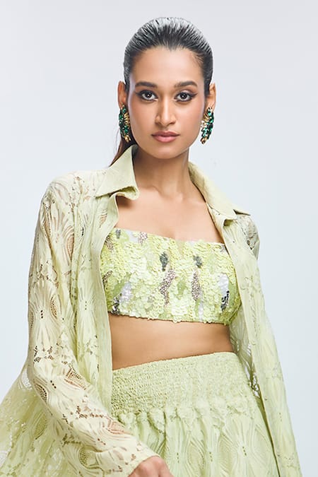 Nirmooha Green Chiffon, Lace Sequins, Beads, Chantilly Floral Shrug With Pant Set Online at Aza Fashions Nirmooha_Green Chiffon, Lace Sequins, Beads, Chantilly Floral Shrug With Pant Set _Online_at_Aza_Fashions
