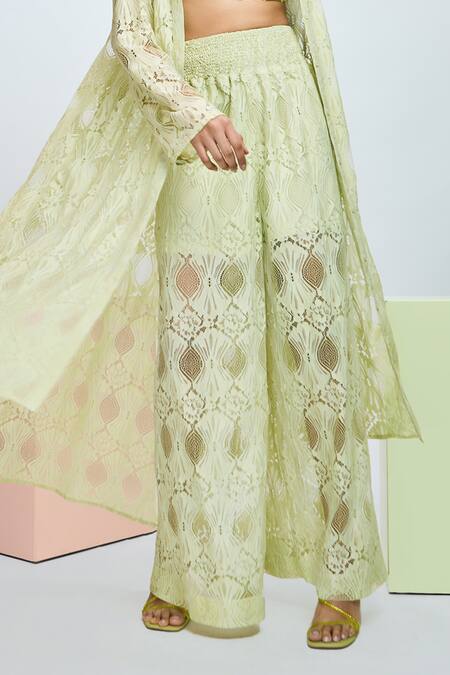 Buy Nirmooha Green Chiffon, Lace Sequins, Beads, Chantilly Floral Shrug With Pant Set Online at Aza Fashions Buy_Nirmooha_Green Chiffon, Lace Sequins, Beads, Chantilly Floral Shrug With Pant Set _Online_at_Aza_Fashions