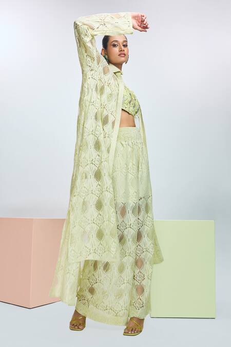 Shop Nirmooha Green Chiffon, Lace Sequins, Beads, Chantilly Floral Shrug With Pant Set Online at Aza Fashions Shop_Nirmooha_Green Chiffon, Lace Sequins, Beads, Chantilly Floral Shrug With Pant Set _Online_at_Aza_Fashions