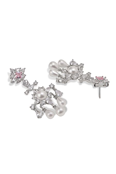 Shazé_White Diamonds, Pearls, Crystals Rosalia Geometric Carved Earrings_Online_at_Aza_Fashions