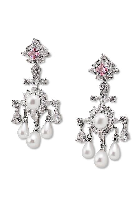 Shop_Shazé_White Diamonds, Pearls, Crystals Rosalia Geometric Carved Earrings_Online_at_Aza_Fashions