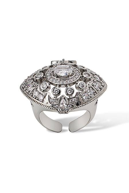 Shazé_White Diamonds, Crystals Bianca Evil Eye Shaped Cutwork Ring_Online_at_Aza_Fashions