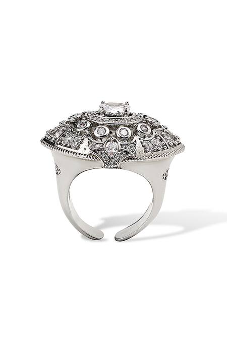 Buy_Shazé_White Diamonds, Crystals Bianca Evil Eye Shaped Cutwork Ring_Online_at_Aza_Fashions