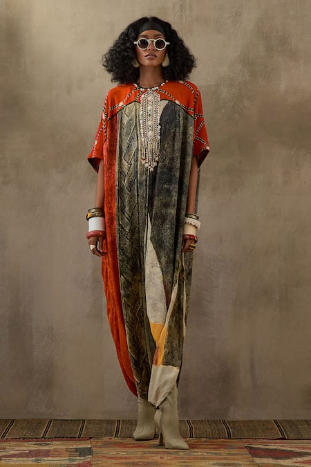 Aseem Kapoor_Multi Color Crepe Embroidery, Tassels Round Vayu Geometric Print Kaftan Jumpsuit _Online_at_Aza_Fashions