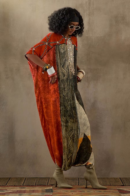 Buy_Aseem Kapoor_Multi Color Crepe Embroidery, Tassels Round Vayu Geometric Print Kaftan Jumpsuit _Online_at_Aza_Fashions