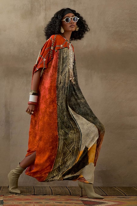 Shop_Aseem Kapoor_Multi Color Crepe Embroidery, Tassels Round Vayu Geometric Print Kaftan Jumpsuit _Online_at_Aza_Fashions