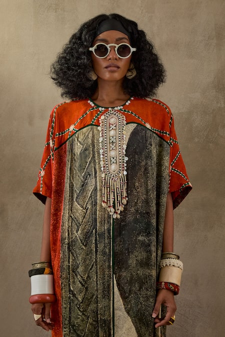 Aseem Kapoor_Multi Color Crepe Embroidery, Tassels Round Vayu Geometric Print Kaftan Jumpsuit _at_Aza_Fashions