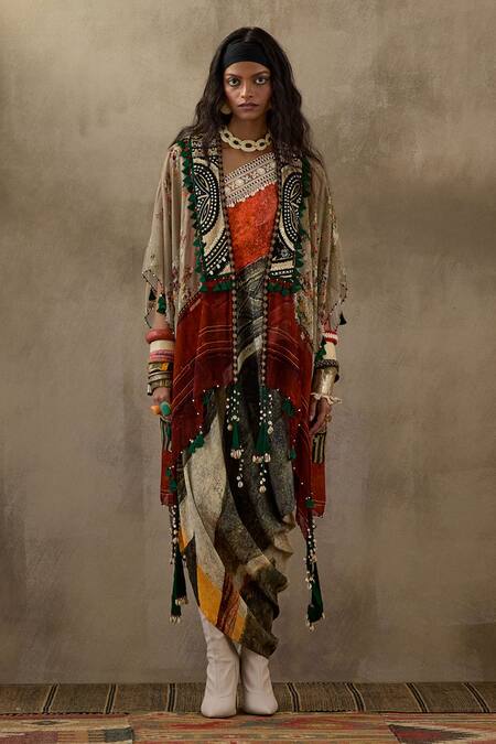 Shop Aseem Kapoor Multi Color Crepe, Silk Embroidery, Beads Veni Floral Print Dress With Jacket at Aza Fashions Shop_Aseem Kapoor_Multi Color Crepe, Silk Embroidery, Beads Veni Floral Print Dress With Jacket _at_Aza_Fashions
