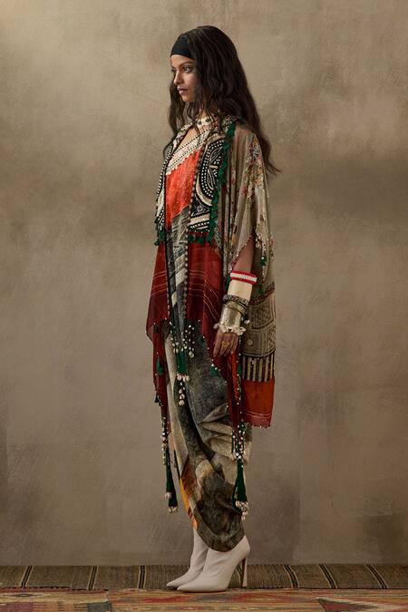 Aseem Kapoor Multi Color Crepe, Silk Embroidery, Beads Veni Floral Print Dress With Jacket Online at Aza Fashions Aseem Kapoor_Multi Color Crepe, Silk Embroidery, Beads Veni Floral Print Dress With Jacket _Online_at_Aza_Fashions