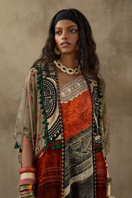 Aseem Kapoor Multi Color Crepe, Silk Embroidery, Beads Veni Floral Print Dress With Jacket at Aza Fashions Aseem Kapoor_Multi Color Crepe, Silk Embroidery, Beads Veni Floral Print Dress With Jacket _at_Aza_Fashions