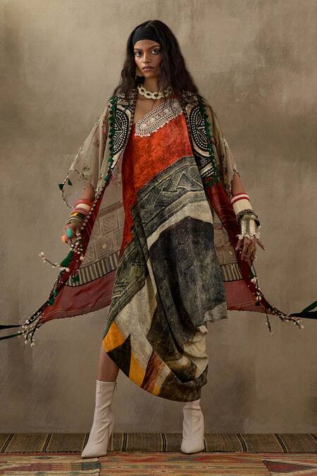 Buy Aseem Kapoor Multi Color Crepe, Silk Embroidery, Beads Veni Floral Print Dress With Jacket Buy_Aseem Kapoor_Multi Color Crepe, Silk Embroidery, Beads Veni Floral Print Dress With Jacket