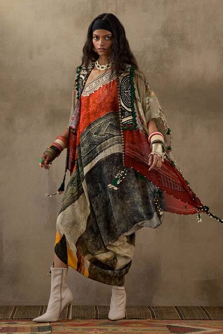 Shop Aseem Kapoor Multi Color Crepe, Silk Embroidery, Beads Veni Floral Print Dress With Jacket Shop_Aseem Kapoor_Multi Color Crepe, Silk Embroidery, Beads Veni Floral Print Dress With Jacket