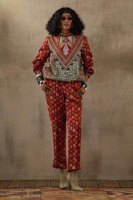 Shop Aseem Kapoor Multi Color Muslin, Satin Beads, Zahra Printed Sweatshirt Jacket And Pant Set Online at Aza Fashions Shop_Aseem Kapoor_Multi Color Muslin, Satin Beads, Zahra Printed Sweatshirt Jacket And Pant Set _Online_at_Aza_Fashions