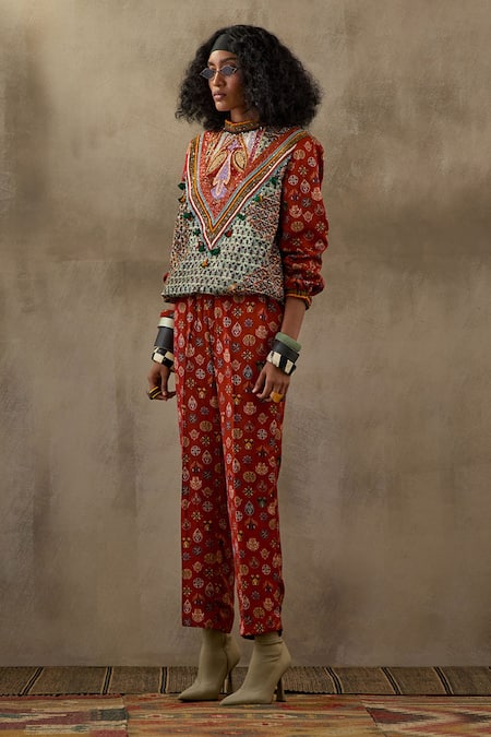 Aseem Kapoor Multi Color Muslin, Satin Beads, Zahra Printed Sweatshirt Jacket And Pant Set at Aza Fashions Aseem Kapoor_Multi Color Muslin, Satin Beads, Zahra Printed Sweatshirt Jacket And Pant Set _at_Aza_Fashions