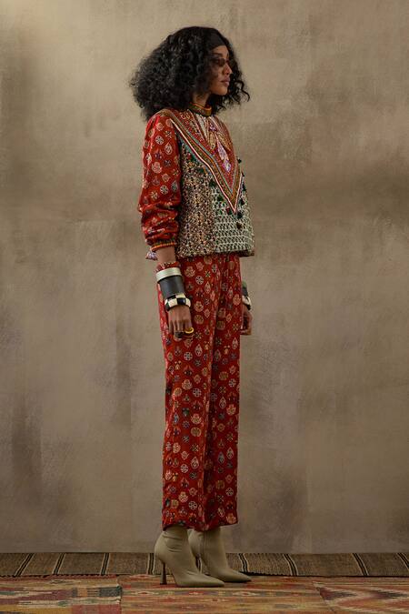 Buy Aseem Kapoor Multi Color Muslin, Satin Beads, Zahra Printed Sweatshirt Jacket And Pant Set Buy_Aseem Kapoor_Multi Color Muslin, Satin Beads, Zahra Printed Sweatshirt Jacket And Pant Set
