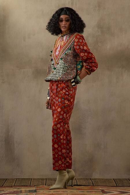 Shop Aseem Kapoor Multi Color Muslin, Satin Beads, Zahra Printed Sweatshirt Jacket And Pant Set Shop_Aseem Kapoor_Multi Color Muslin, Satin Beads, Zahra Printed Sweatshirt Jacket And Pant Set