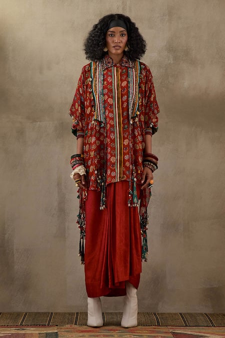 Shop_Aseem Kapoor_Red Silk, Crepe Tassels Open Neck Veni Floral Print Jacket Skirt Set _at_Aza_Fashions