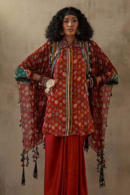 Aseem Kapoor_Red Silk, Crepe Tassels Open Neck Veni Floral Print Jacket Skirt Set _Online_at_Aza_Fashions