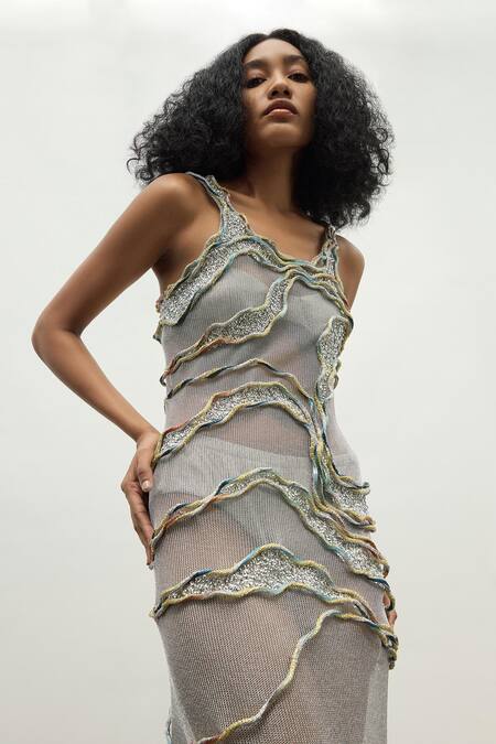 Buy Akhl Silver Mesh (100% Polyester) Hand Embroidered Sequin Rippling Gauze Dress Online at Aza Fashions Buy_Akhl_Silver Mesh (100% Polyester) Hand Embroidered Sequin Rippling Gauze Dress _Online_at_Aza_Fashions