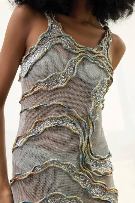 Shop Akhl Silver Mesh (100% Polyester) Hand Embroidered Sequin Rippling Gauze Dress Online at Aza Fashions Shop_Akhl_Silver Mesh (100% Polyester) Hand Embroidered Sequin Rippling Gauze Dress _Online_at_Aza_Fashions