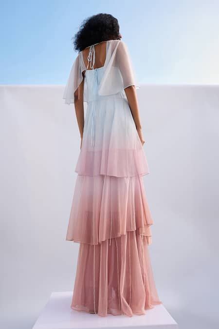 Shop_AKHL_Blue Lurex-tulle (57% Metallic Yarn 43% Polyester) Hand Ombre Tiered Dress _at_Aza_Fashions
