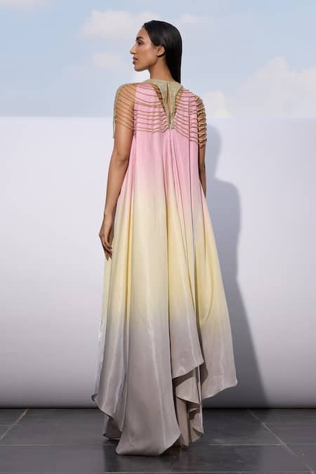 Shop Akhl Pink Satin (20% Polyester 80% Rayon) Hand Embroidered Ombre Asymmetric Dress at Aza Fashions Shop_Akhl_Pink Satin (20% Polyester 80% Rayon) Hand Embroidered Ombre Asymmetric Dress _at_Aza_Fashions