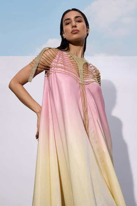 Akhl Pink Satin (20% Polyester 80% Rayon) Hand Embroidered Ombre Asymmetric Dress Online at Aza Fashions Akhl_Pink Satin (20% Polyester 80% Rayon) Hand Embroidered Ombre Asymmetric Dress _Online_at_Aza_Fashions