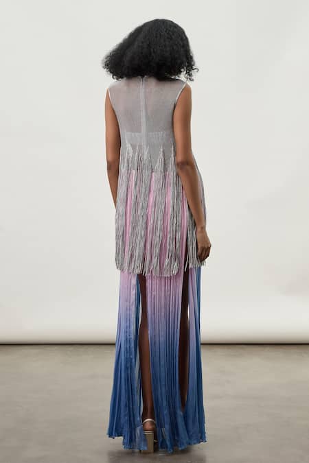 Shop_Akhl_Silver Chiffon (100% Viscose) Hand Embroidered Misty Fall Dress With Inner Slip _at_Aza_Fashions