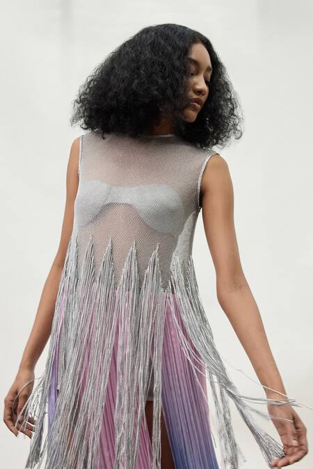 Buy_Akhl_Silver Chiffon (100% Viscose) Hand Embroidered Misty Fall Dress With Inner Slip _Online_at_Aza_Fashions