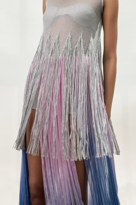 Shop_Akhl_Silver Chiffon (100% Viscose) Hand Embroidered Misty Fall Dress With Inner Slip _Online_at_Aza_Fashions