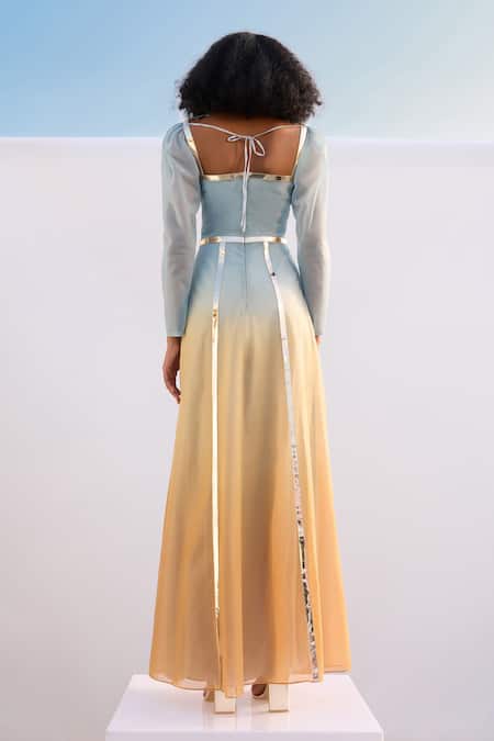 Shop_Akhl_Blue Chiffon (100% Viscose) Hand Dyed Square Sunray Structured Ombre Dress _at_Aza_Fashions