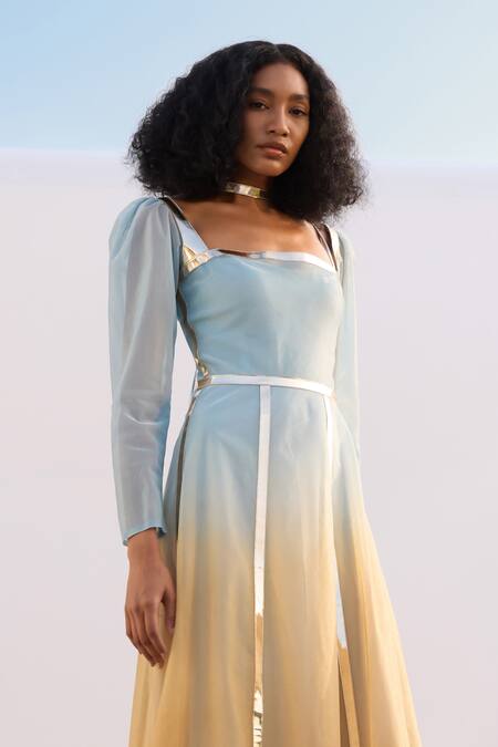 Akhl_Blue Chiffon (100% Viscose) Hand Dyed Square Sunray Structured Ombre Dress _Online_at_Aza_Fashions
