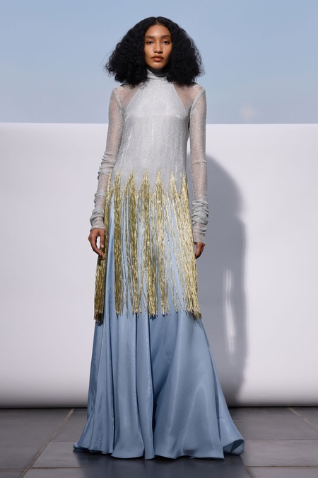 Akhl Silver Satin (20% Polyester 80% Rayon) Hand Embroidered Sky Mesh Detailed Dress 