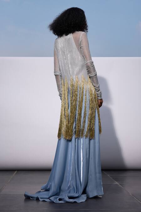 Shop_Akhl_Silver Satin (20% Polyester 80% Rayon) Hand Embroidered Sky Mesh Detailed Dress _at_Aza_Fashions