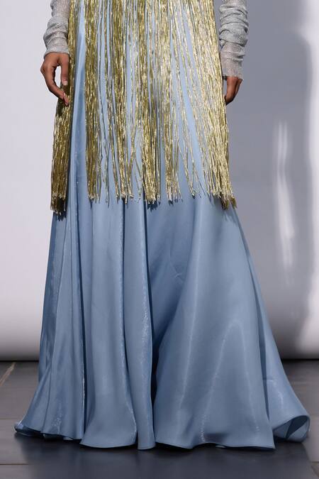 Akhl_Silver Satin (20% Polyester 80% Rayon) Hand Embroidered Sky Mesh Detailed Dress _Online_at_Aza_Fashions