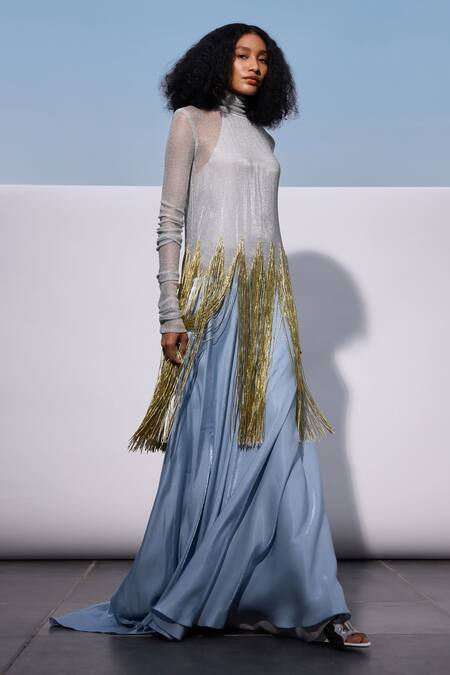 Buy_Akhl_Silver Satin (20% Polyester 80% Rayon) Hand Embroidered Sky Mesh Detailed Dress _Online_at_Aza_Fashions