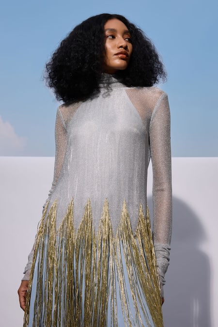 Shop_Akhl_Silver Satin (20% Polyester 80% Rayon) Hand Embroidered Sky Mesh Detailed Dress _Online_at_Aza_Fashions