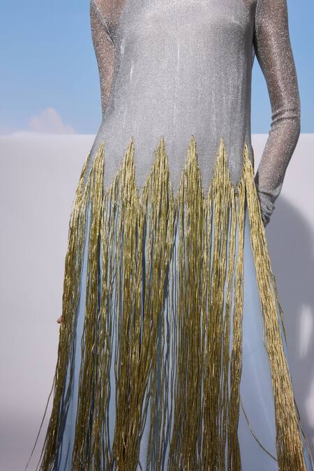 Akhl_Silver Satin (20% Polyester 80% Rayon) Hand Embroidered Sky Mesh Detailed Dress _at_Aza_Fashions