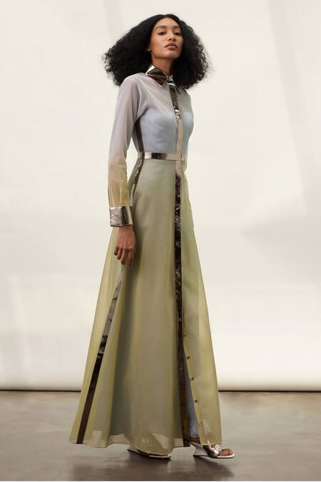 Akhl Gold Lurex, Tulle Mirrors Collared Metallic Trim Detailed Shirt Dress Online at Aza Fashions Akhl_Gold Lurex, Tulle Mirrors Collared Metallic Trim Detailed Shirt Dress _Online_at_Aza_Fashions