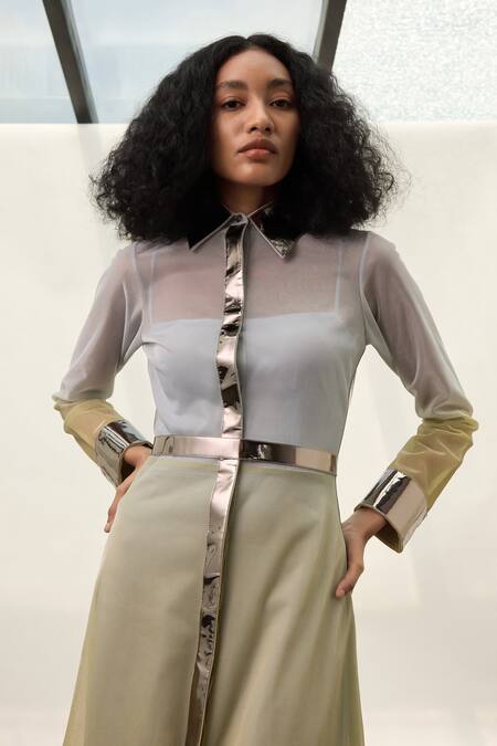 Buy Akhl Gold Lurex, Tulle Mirrors Collared Metallic Trim Detailed Shirt Dress Online at Aza Fashions Buy_Akhl_Gold Lurex, Tulle Mirrors Collared Metallic Trim Detailed Shirt Dress _Online_at_Aza_Fashions