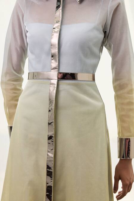 Shop Akhl Gold Lurex, Tulle Mirrors Collared Metallic Trim Detailed Shirt Dress Online at Aza Fashions Shop_Akhl_Gold Lurex, Tulle Mirrors Collared Metallic Trim Detailed Shirt Dress _Online_at_Aza_Fashions